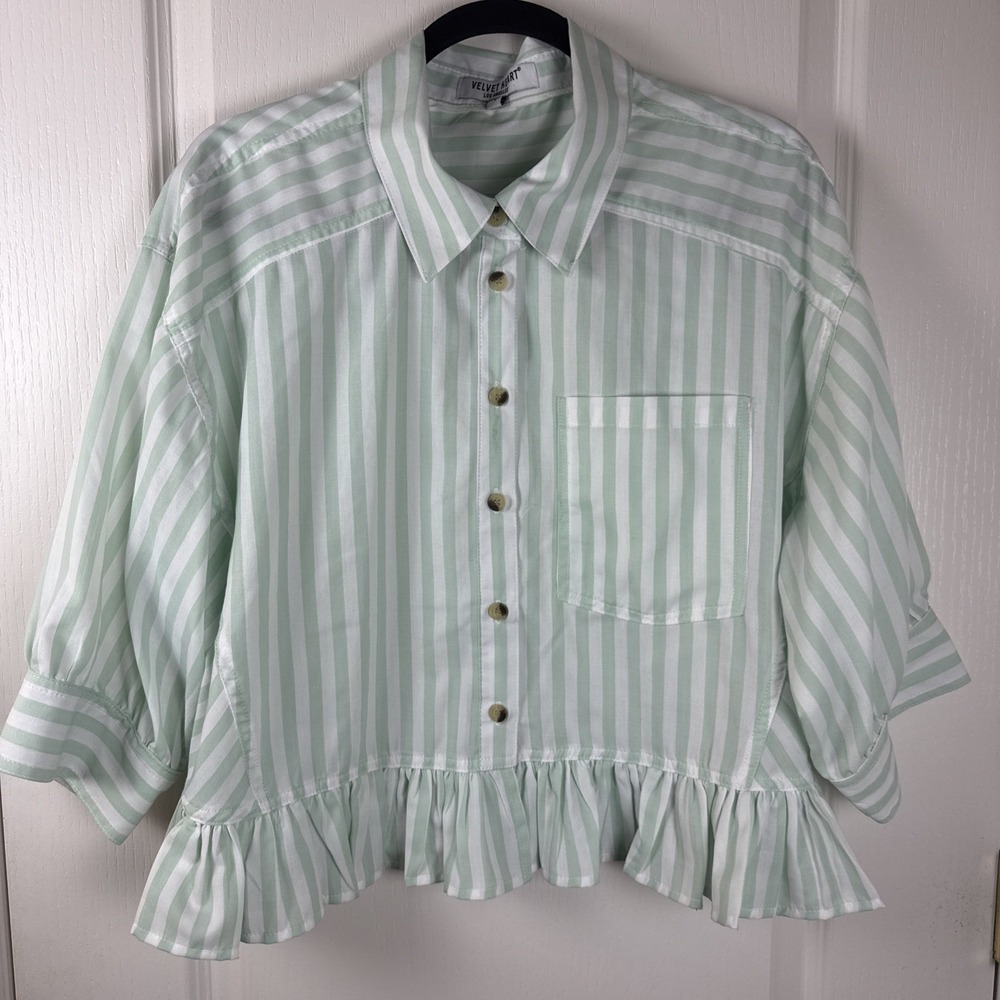 Velvet Heart LA Striped Ruffle Hem Blouse L Sage Green Cottagecore Boho Top